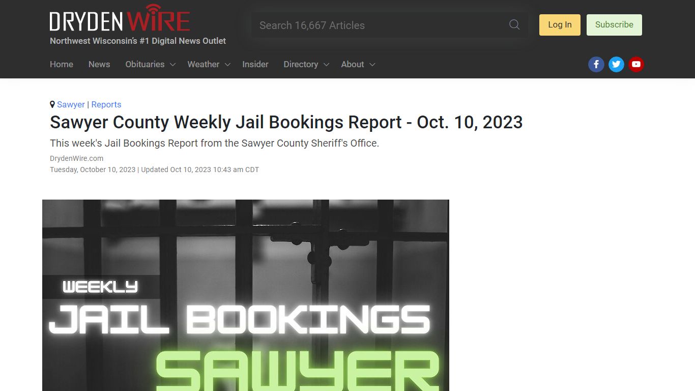 Sawyer County Weekly Jail Bookings Report - Oct. 10, 2023