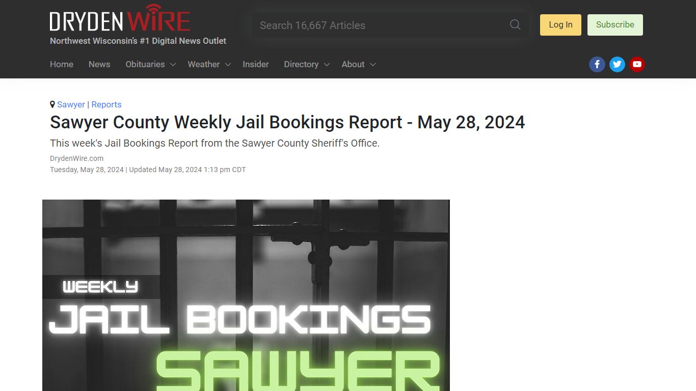 Sawyer County Weekly Jail Bookings Report - May 28, 2024